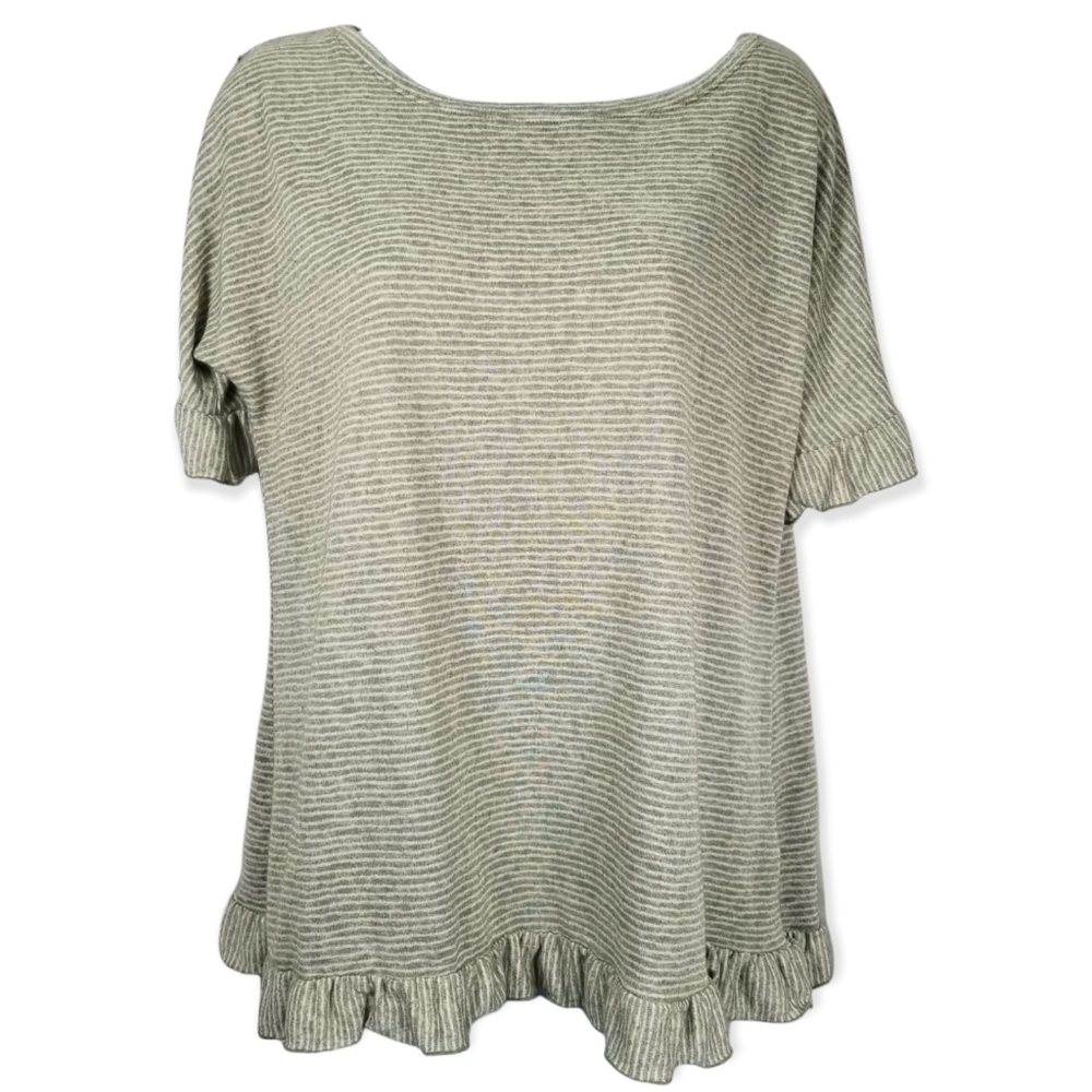 Modcloth Striped Criss Cross Back Green and White Ruffle Hem Top Size Medium
